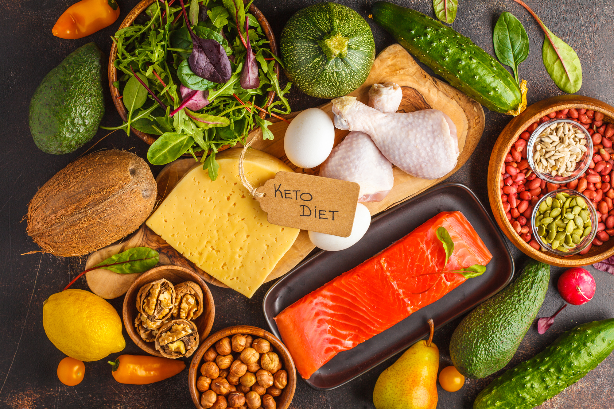 Aerial view of a table full of keto-friendly foods